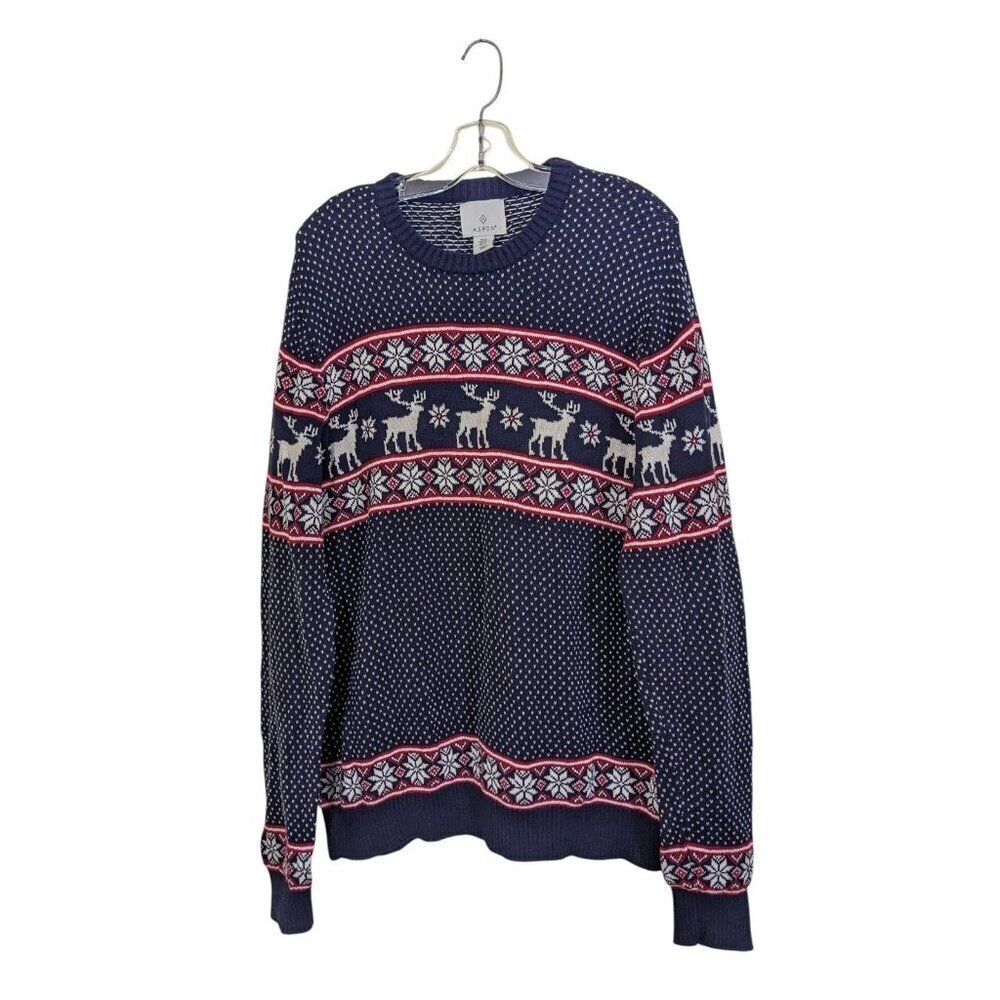 Aspen Nordic Fair Isle Cotton Sweater Mens XL Navy Deer Snow Ski Cabin Christmas
